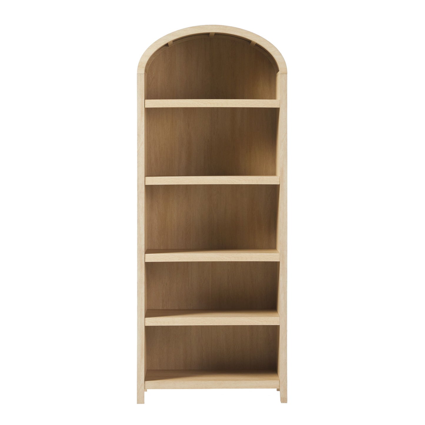 The Modern 5 Shelf Open Arched Bookshelf features a minimalist design with an arched top and a natural wood finish.