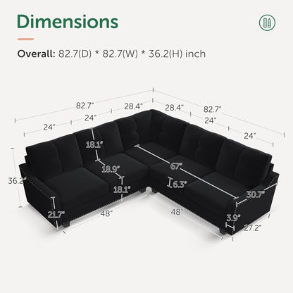 A diagram of the HONBAY Convertible Sectional Reversible Apartment in black is shown with dimensions labeled. The sofa is L-shaped, with each section measuring 82.7 inches in depth and width. Heights, seating depths, and specific part measurements are also included in inches.