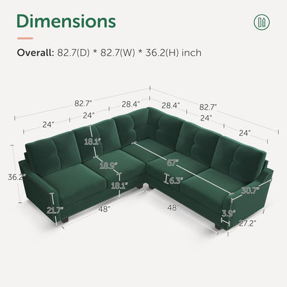 HONBAY Convertible Sectional Reversible Apartment sofa with detailed dimensions shown. Overall: 82.7 inches in depth and width, and 36.2 inches in height. Additional measurements for armrests, seat depth, height of backrest, and cushion gaps are labeled.