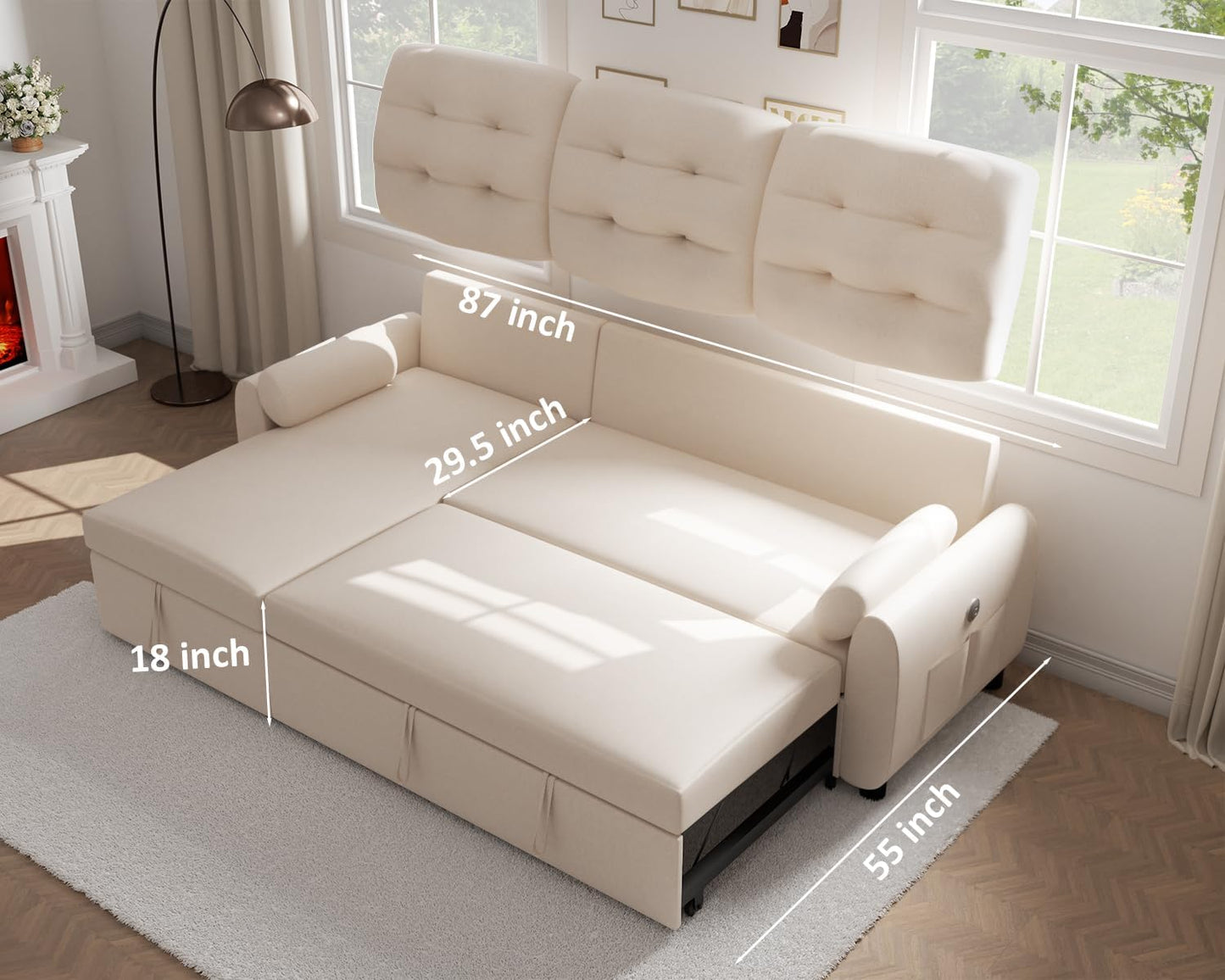 The Ucloveria 87" Sectional Sleeper Sofa Bed with Charging Station, displayed in a living room setting, is cream-colored and has dimensions of 87 inches in width, 55 inches in depth, and 29.5 inches in height. An additional section measures 18 inches high. It boasts tufted cushions and armrests and is placed on a white rug.