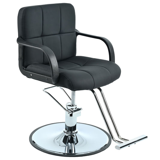 The black Barber Chair is a Salon Chair for Hair Stylists, featuring cushioned seat and backrest, armrests, and a chrome base with footrest. It includes an adjustable heavy-duty hydraulic pump and supports up to 330 lbs, ideal for professional use.