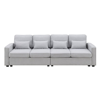 4 Seater Modern Linen Sofa With Armrest Pockets And 4 Pillows, Minimalist Style Couch For Living Room