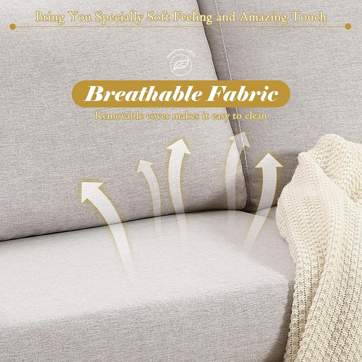 Close-up of the YODOLLA 79" Sectional Sofa in light beige with arrows highlighting its breathability. A knitted cream-colored blanket is draped over the armrest. Text reads "Breathable Fabric - Removable cover makes it easy to clean.