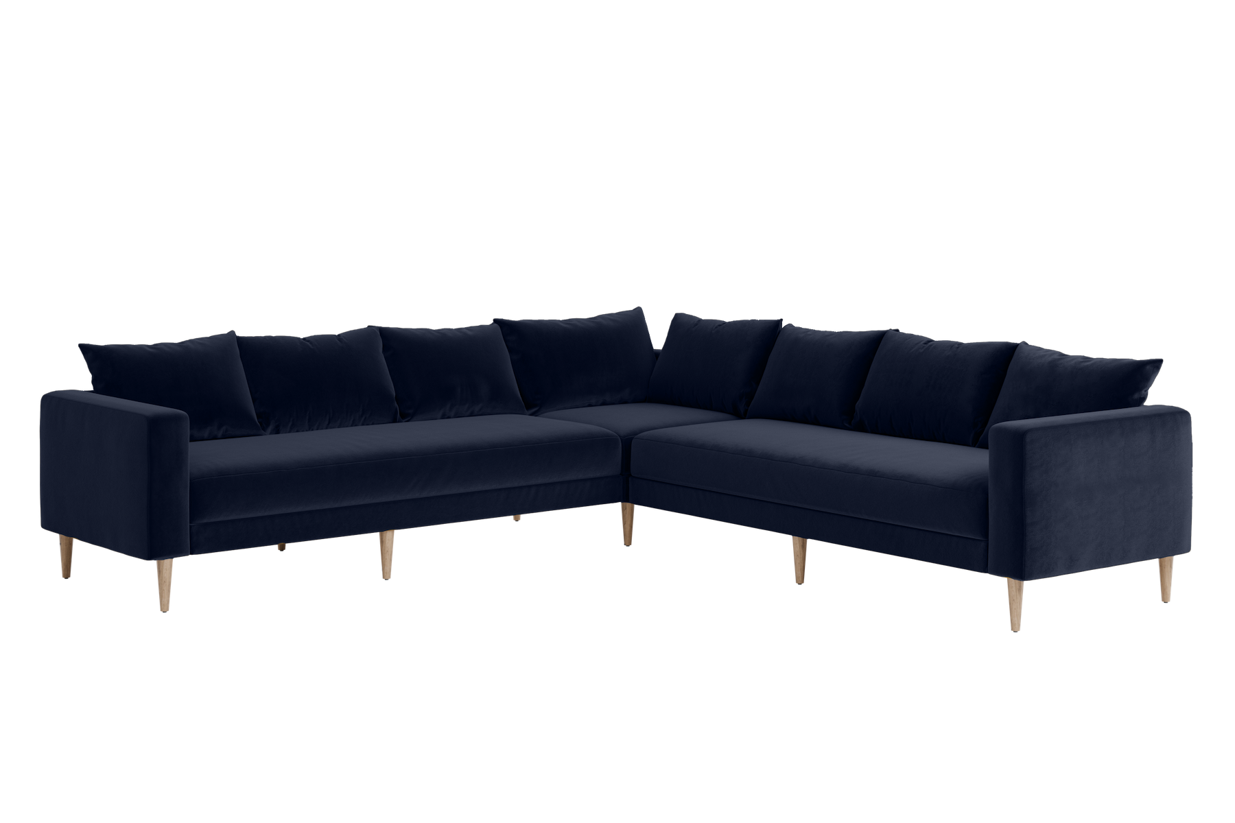 The Essential Corner Sectional (7 Seat) features a dark blue velvet upholstery and wooden legs in an L-shaped design.