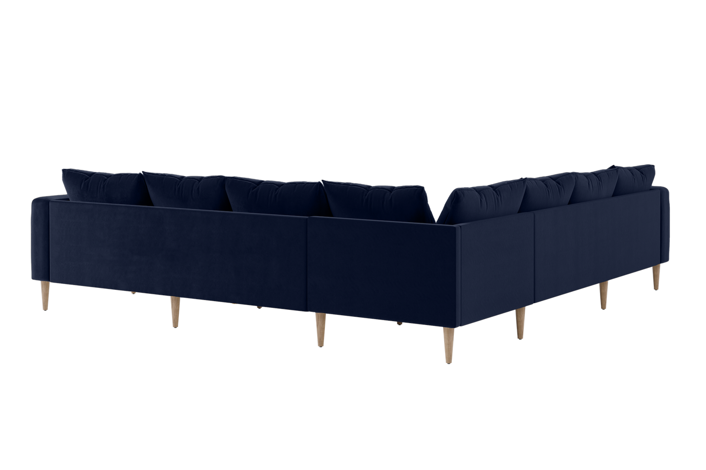 The Essential Corner Sectional (7 Seat) is a spacious L-shaped sofa in deep blue fabric, featuring wooden legs. Its design showcases clean lines and plush cushions, with a view from the back.