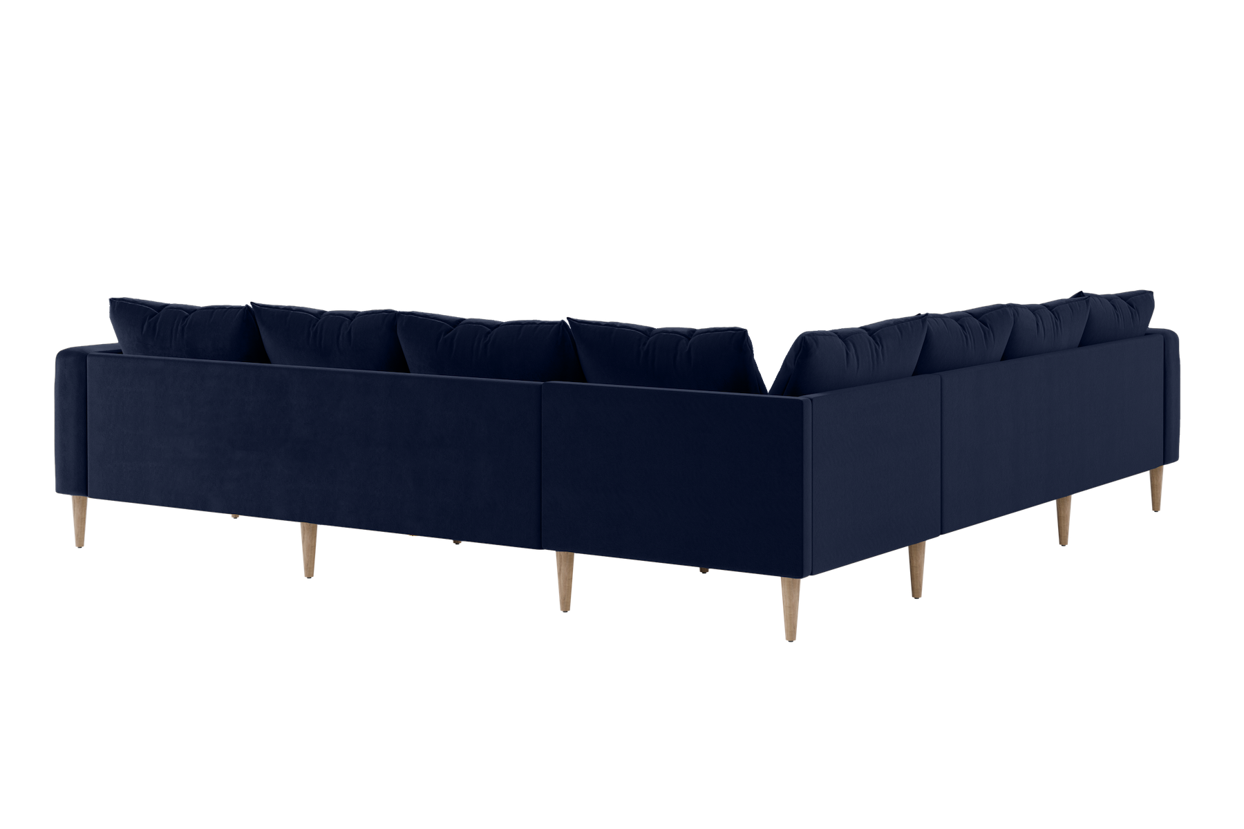 The Essential Corner Sectional (7 Seat) is a spacious L-shaped sofa in deep blue fabric, featuring wooden legs. Its design showcases clean lines and plush cushions, with a view from the back.