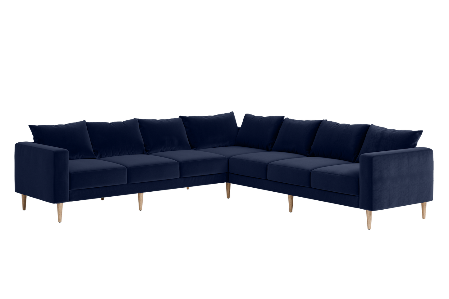 The Essential Corner Sectional (7 Seat) in navy blue velvet, designed as an L-shaped sofa with wooden legs and complete with seat and back cushions, displayed on a white background.