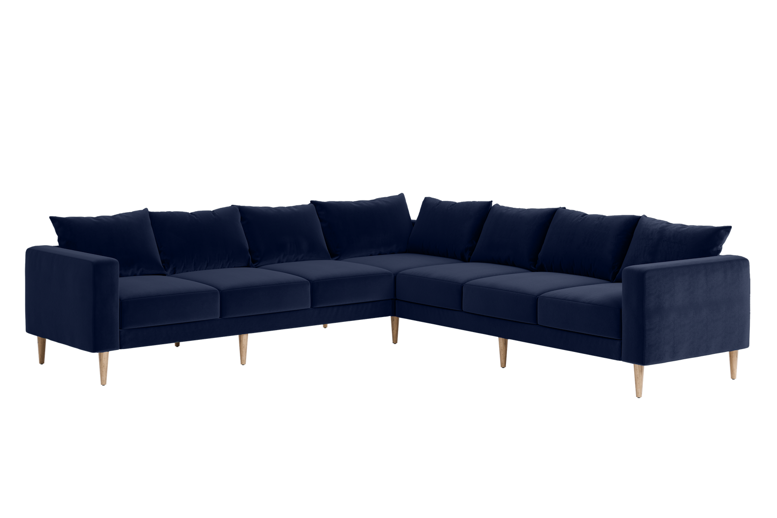 The Essential Corner Sectional (7 Seat) in navy blue velvet, designed as an L-shaped sofa with wooden legs and complete with seat and back cushions, displayed on a white background.