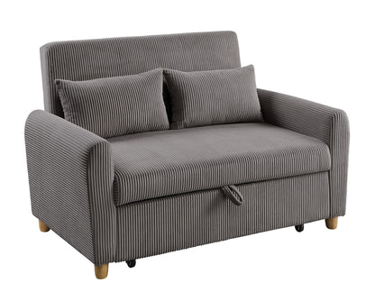 Justine - Corduroy Convertible Sleeper Loveseat in Brown features a ribbed texture with wooden legs, two matching cushions, and a handle for easy conversion to a sleeper sofa.