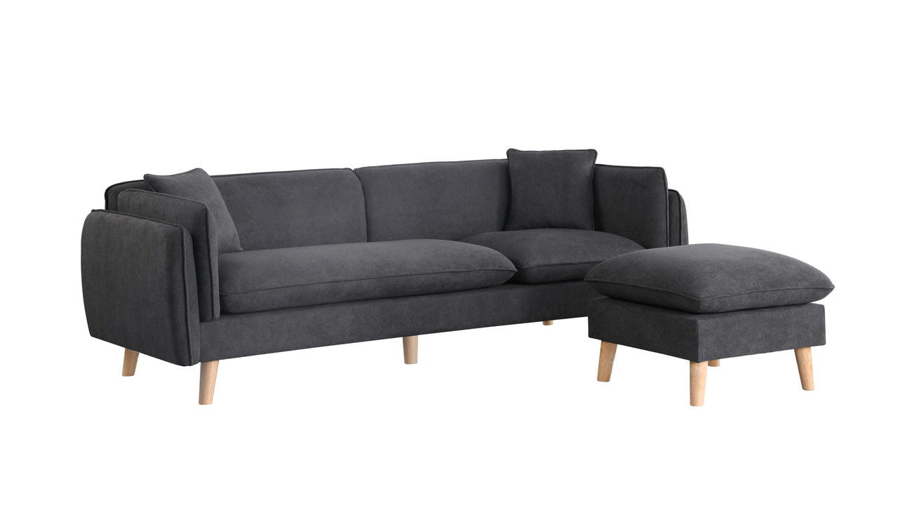 The Brayden - Fabric Sectional Sofa Chaise is a sleek, dark gray L-shaped design featuring light wooden legs. It includes a right-side chaise lounge and offers plush cushions for comfortable seating and back support.