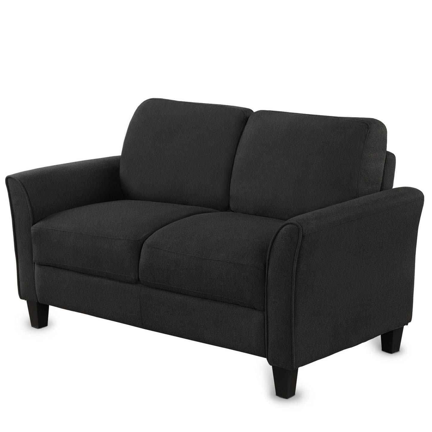 A stylish two-seater black loveseat, featuring curved armrests and short wooden legs, with plush cushions for comfort. Ideal for any modern living room setting. Officially named "Living Room Furniture Love Seat Sofa Double Seat Sofa Loveseat Chair.