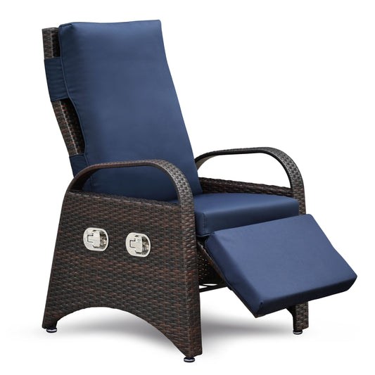 A modern outdoor recliner chair with a PE wicker frame and navy blue cushions, featuring separate adjustable mechanisms for the backrest and leg rest, suitable for sunbathing or relaxation.