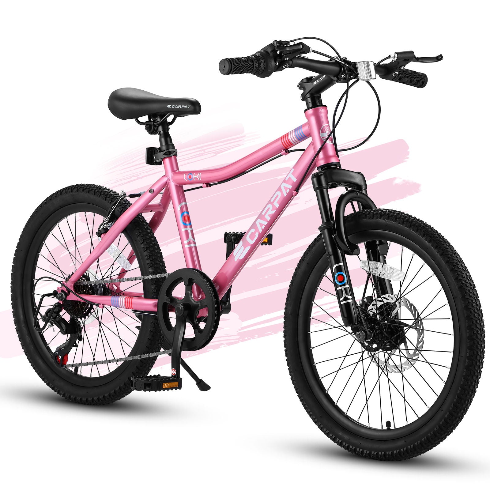 The S20101 20" Kids' Bike is a pink mountain bike for ages 8-12 with a black seat, handlebars, front suspension forks, disc brakes, and off-road tires. It features a white stylized paint streak in the backdrop.