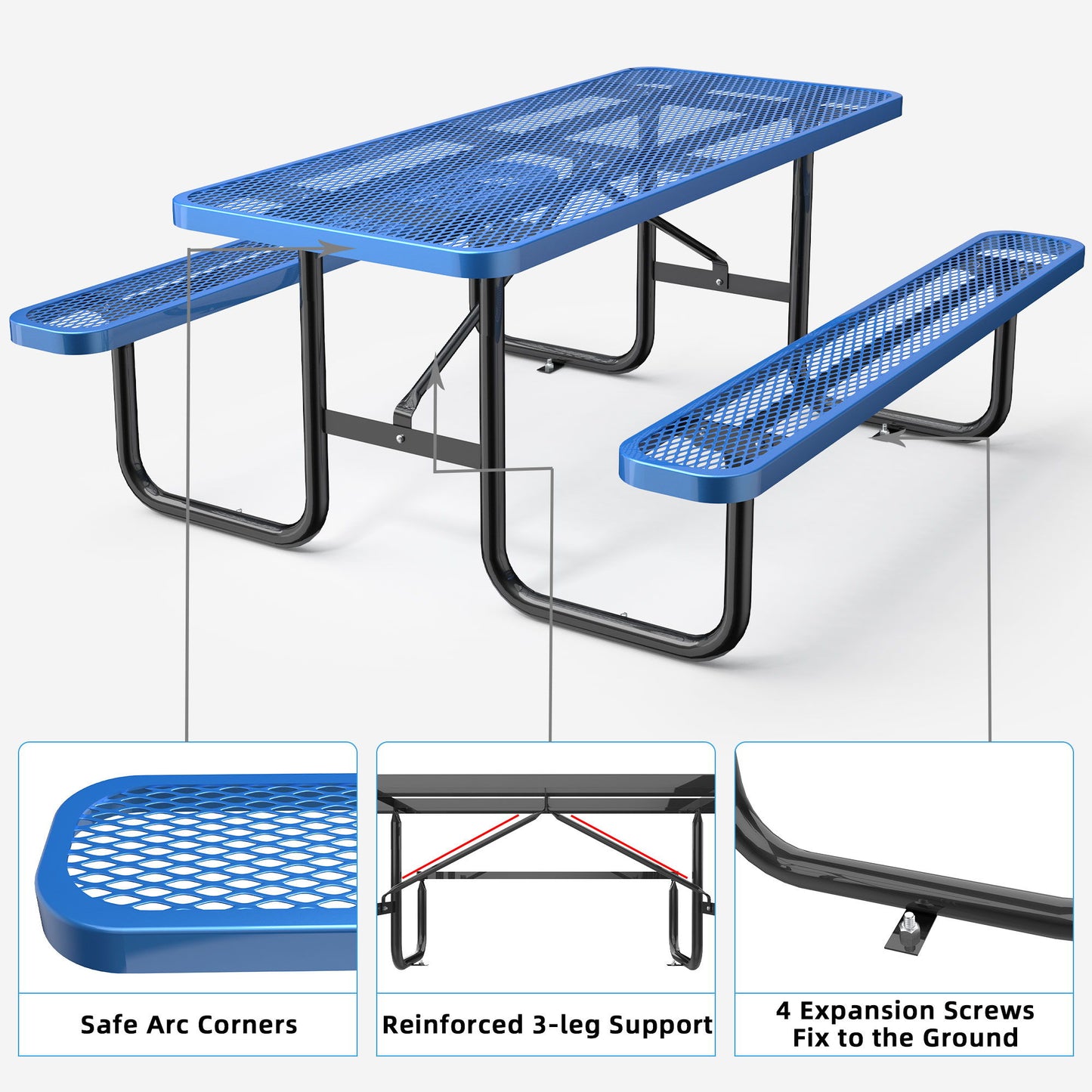 The Expanded Rectangular Picnic Metal Table is blue with attached benches and black legs, featuring safe arc corners, a reinforced 3-leg support system, and four expansion screws for ground fixation.