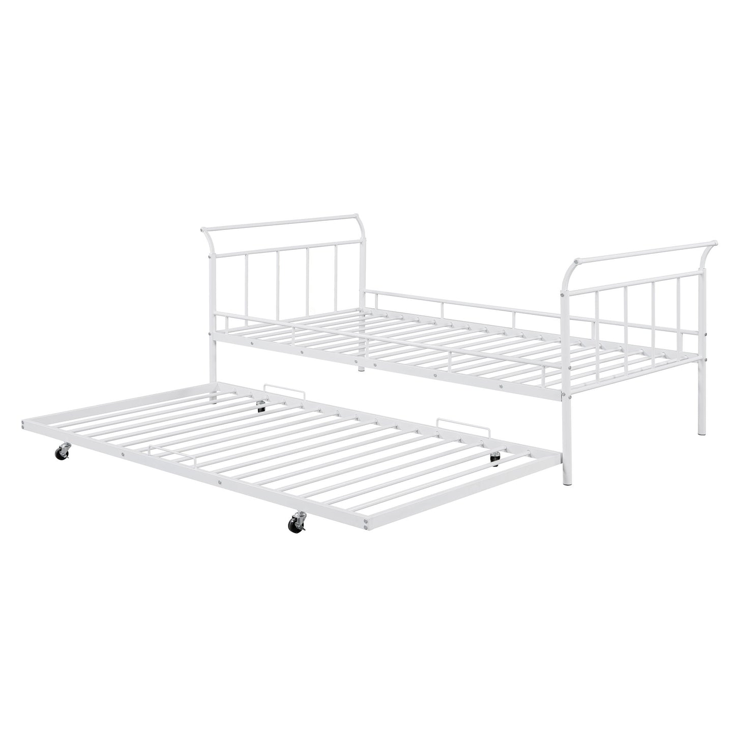 The Daybed With Curved Handle Design And Trundle features a white metal frame with a modern look. The upper section includes headboard and footboard with vertical bars, while the wheeled lower frame tucks underneath. Both parts are shown without mattresses.