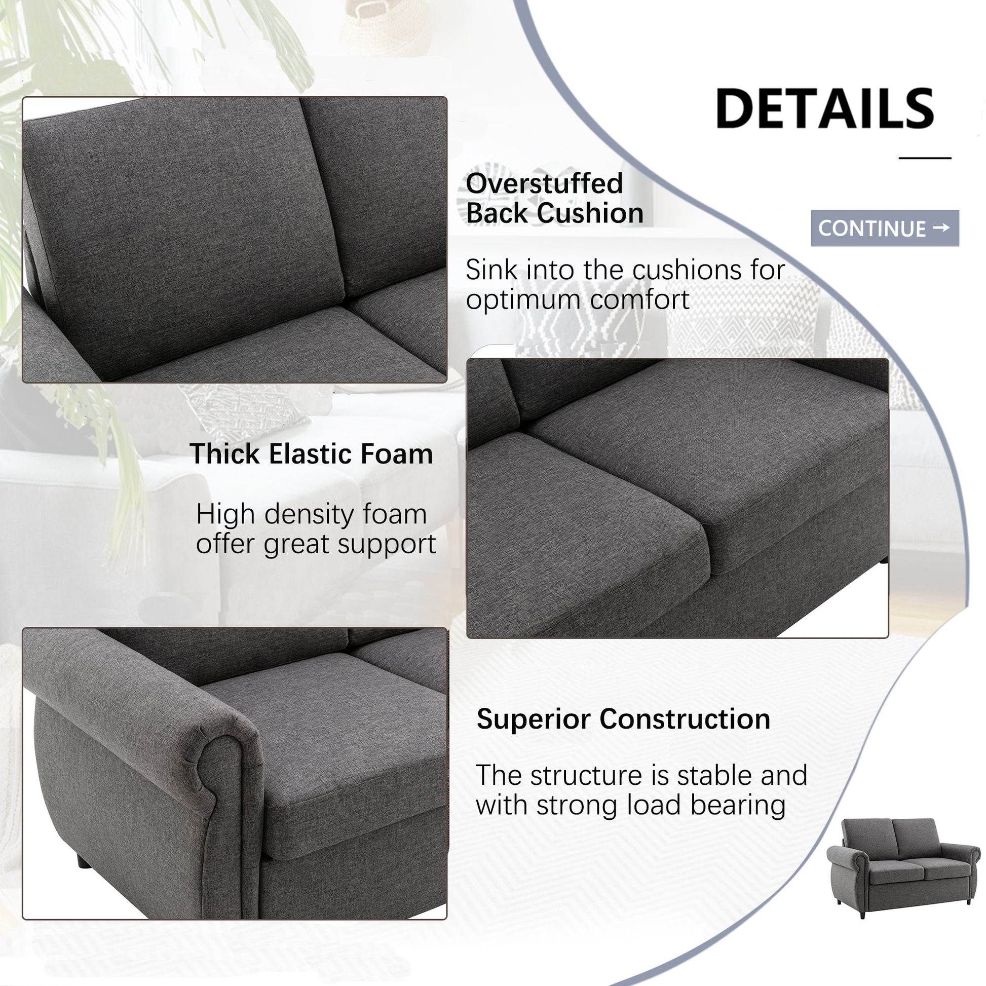 A collage displays the Pull Out Sofa Bed Loveseat with captions: "Overstuffed Back Cushion" for comfort, "Thick Elastic Foam" for support, and "Superior Construction" for stability. The layout includes "Details" and "Continue" buttons.