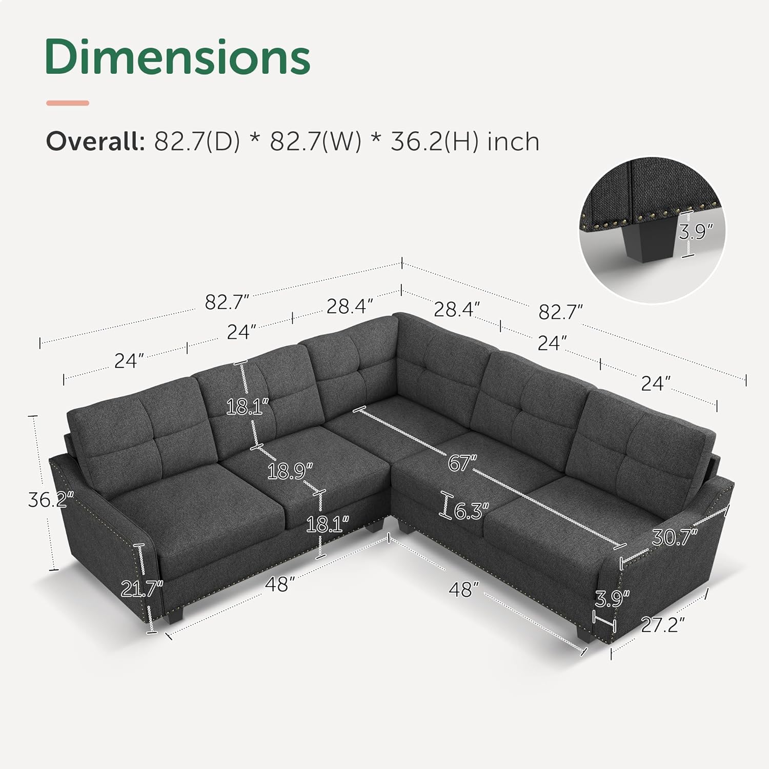 Illustration of the HONBAY Convertible Sectional Reversible Apartment in dark gray, showcasing an L-shaped design with detailed dimensions labeled in inches. This sofa features deep seating and cushion measurements, with overall dimensions of 82.7 inches in depth by 82.7 inches in width by 36.2 inches in height.