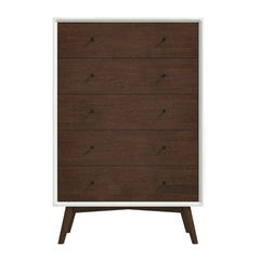 The Caroline Mid-Century Modern Dresser features a wooden design with five horizontal drawers, each with a small knob, a contrasting white frame, and angled legs.