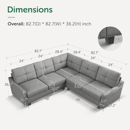 Diagram of a gray HONBAY Convertible Sectional Reversible Apartment sofa with dimensions. The sectional is detailed with measurements for depth, width, height, and segment sizes, including seat and backrest dimensions.