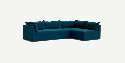 The Denver Two Piece Velvet L Shaped 119" Sectional in teal displays clean lines and plush cushions against a plain white background. This modern and comfortable seating option includes a chaise lounge on one side.