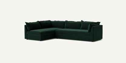 The Denver Two Piece Velvet L Shaped 119" Sectional in dark green, featuring plush cushions, is showcased against a plain white background.