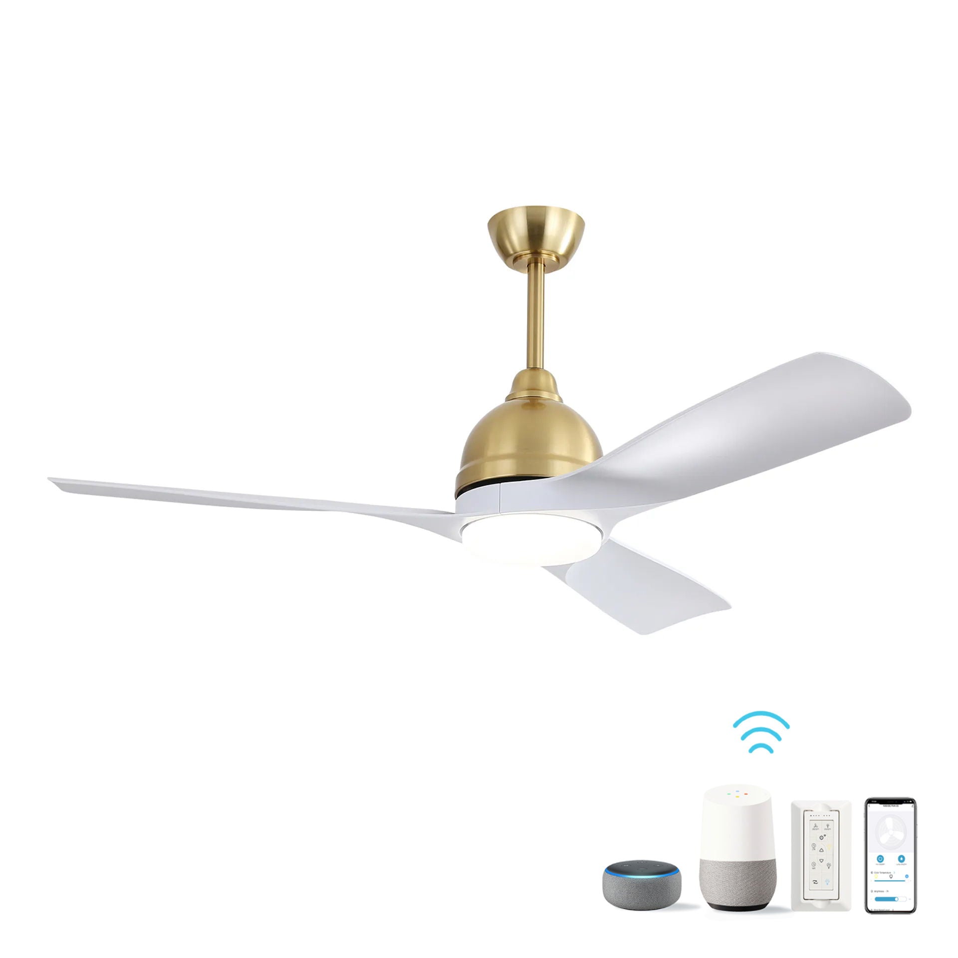 The Modern Ceiling Fan features smart app control, three white blades, and a gold base. It offers dimmable lights and a reversible DC motor, displayed alongside smart devices like a speaker and home assistant for remote and voice control.