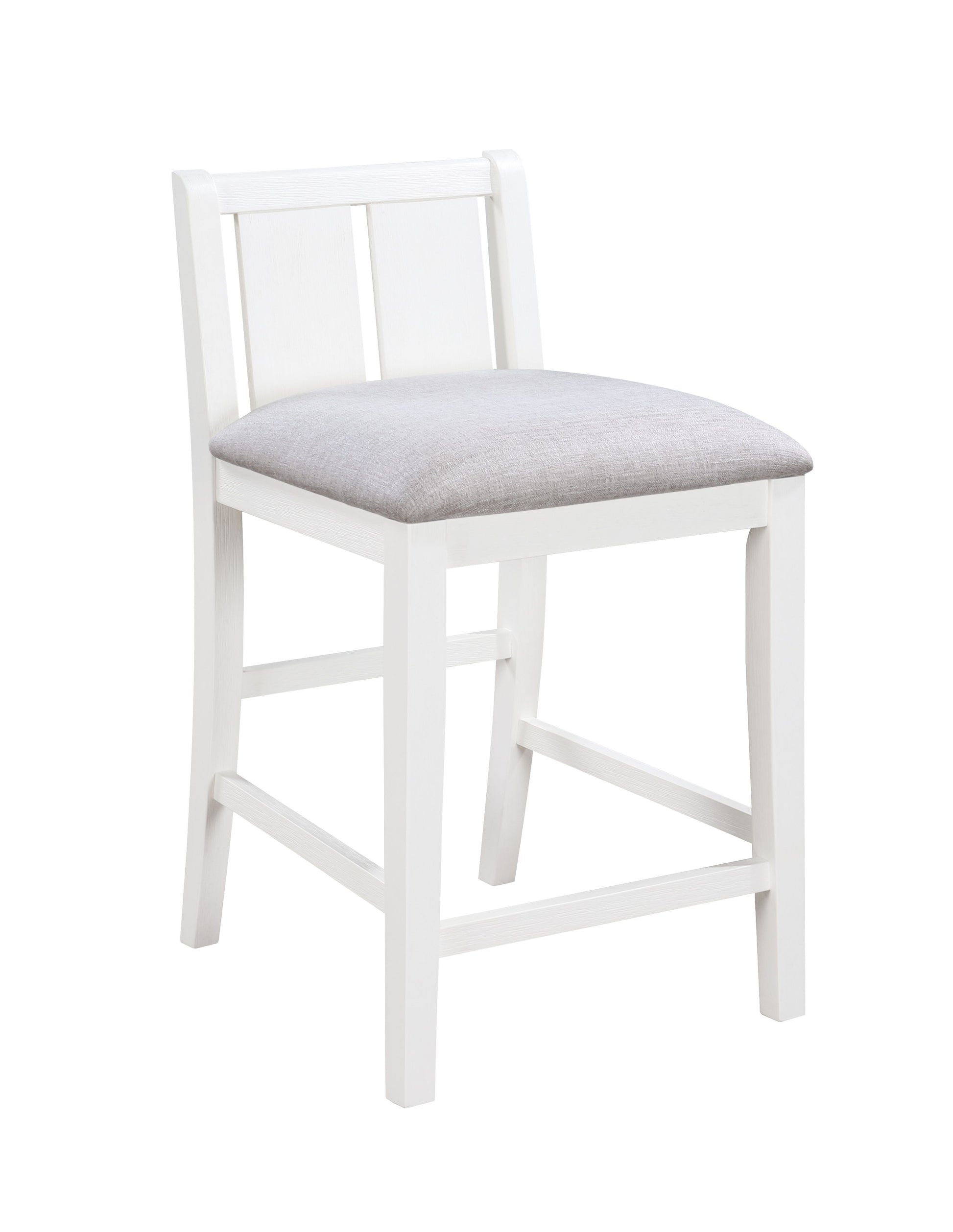 The Graham 3-Piece Set includes a white wooden chair with a light gray cushioned seat, featuring a simple, modern design with a slightly curved backrest and four sturdy legs.