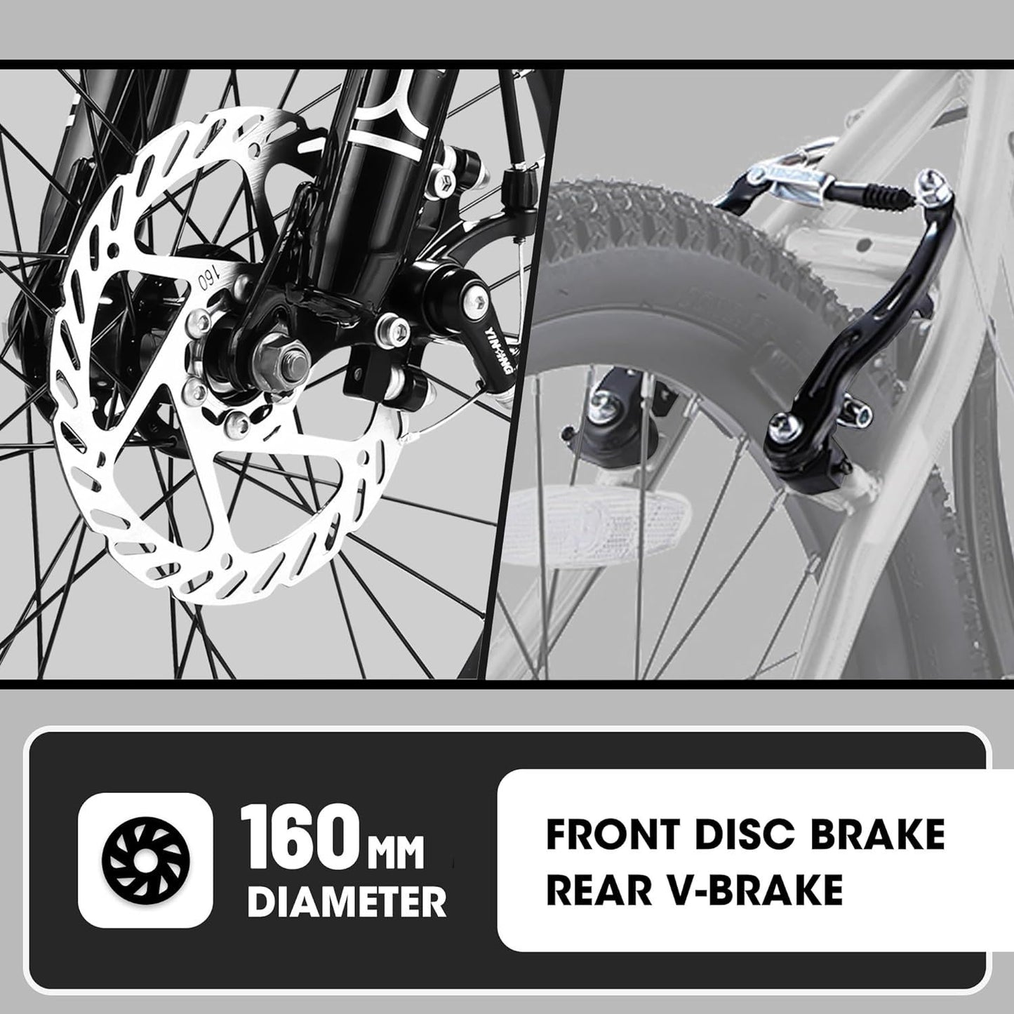 Close-up of the S20101 20" Kids' Bike showcasing its front suspension disc brake with a 160 mm rotor and rear V-brake, highlighting the differences between these braking systems.