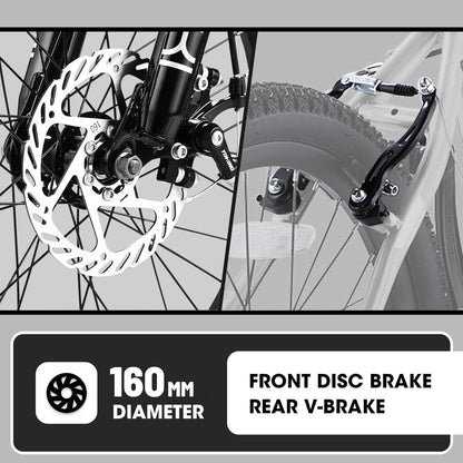 Close-up of the S20101 20" Kids' Bike showcasing its front suspension disc brake with a 160 mm rotor and rear V-brake, highlighting the differences between these braking systems.