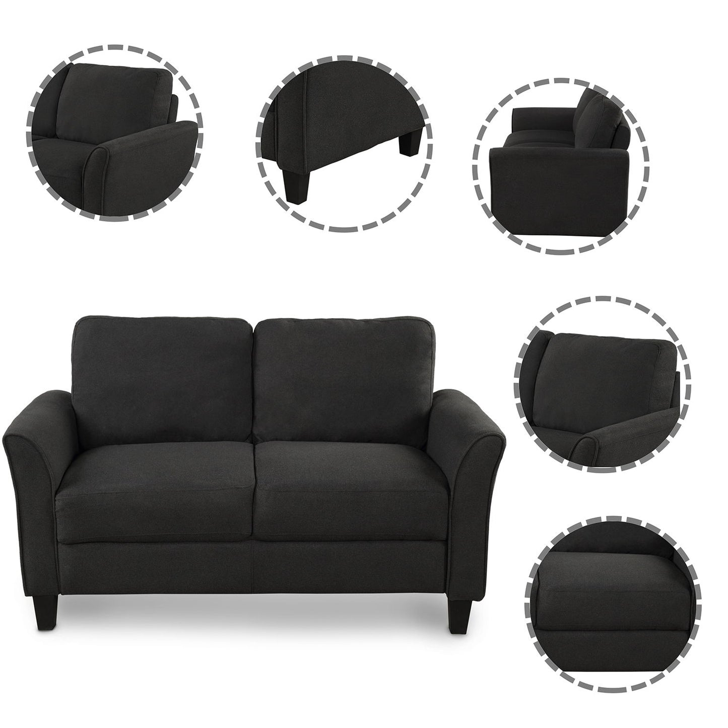 A plush black loveseat with close-up circular views of the armrest, fabric texture, seat cushion, leg, and backrest. This "Living Room Furniture Love Seat Sofa Double Seat Sofa Loveseat Chair" features tapered legs.