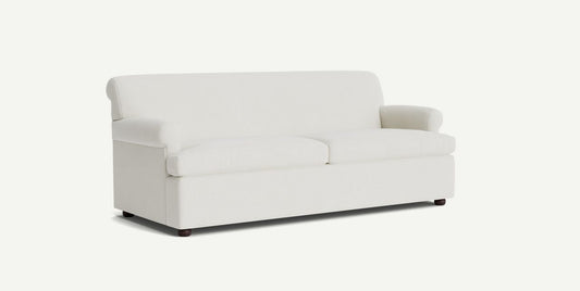 The Willoughby Sleeper Sofa is a white, minimalist-design sofa with two seat cushions and rounded armrests, set against a plain white background.