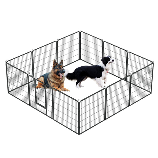 A seated German Shepherd and a standing Border Collie are in a black 12-panel heavy-duty metal dog playpen with a door. The floor is white.