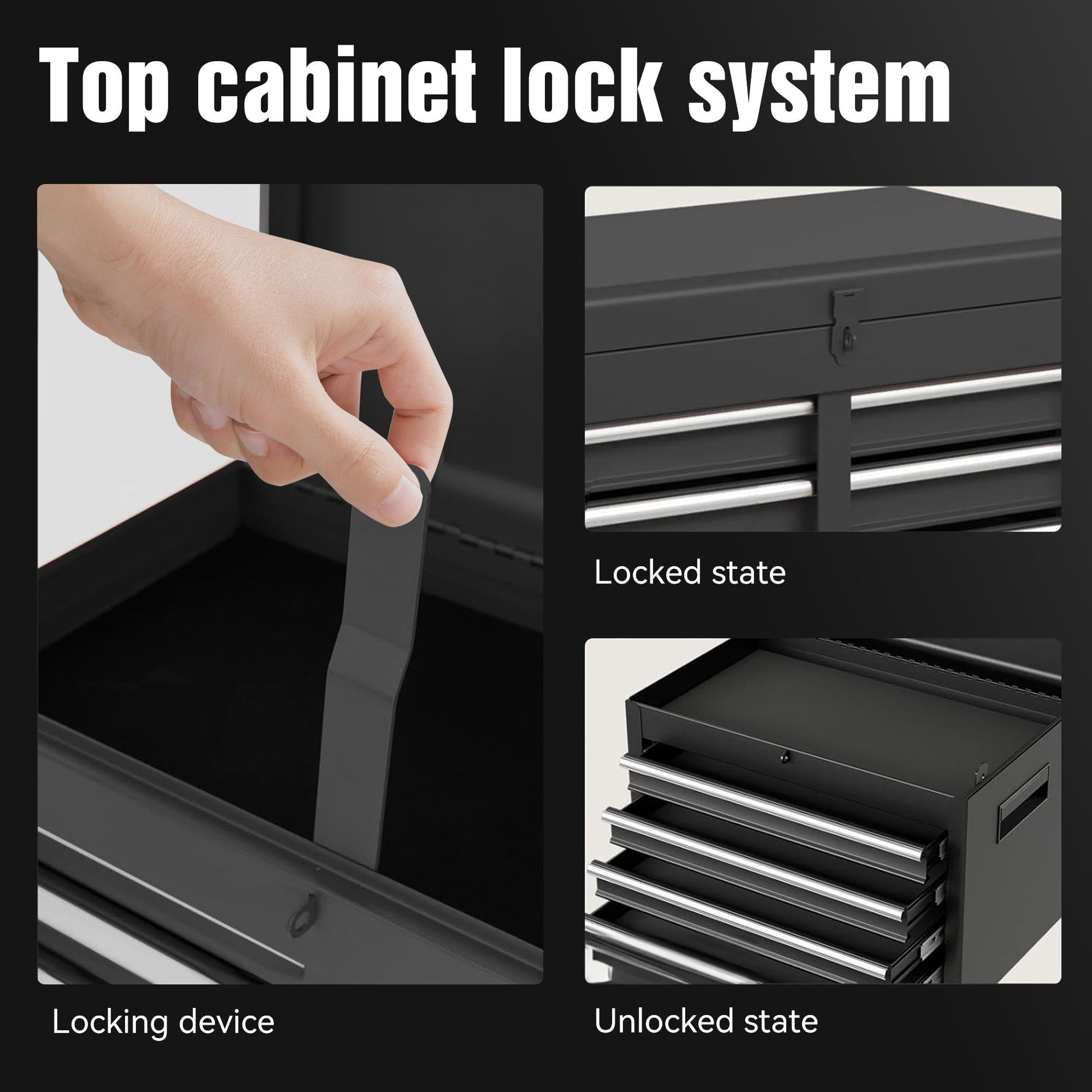 Image depicting a tool chest lock. Left: Hand inserting lock strip. Top right: Locked tool chest with secured strip. Bottom right: Unlocked tool chest with drawers open. Text reads "Tool Chest, 5 Drawer Rolling Tool Storage Cabinet With Detachable Top Tool Box".