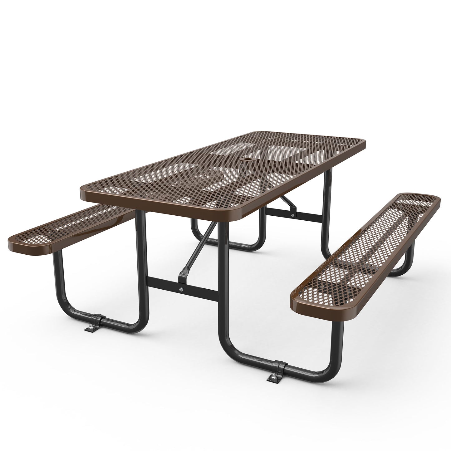 The Expanded Rectangular Picnic Metal Table is a sturdy and functional outdoor setup featuring a metal mesh table with attached benches, all supported by durable black metal frames.