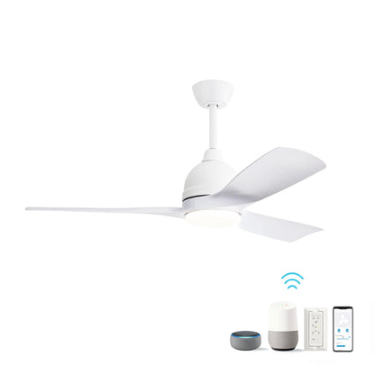 The Modern Ceiling Fan 6 Speed Remote Control features a white design with three blades and a central light. It's compatible with smart home technology, including Amazon Echo, Google Home, a smart switch, and smartphones via its Smart App Control.