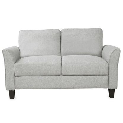 The Living Room Furniture Love Seat Sofa features light gray fabric, plush cushions, flared armrests, and a modern design with four dark wooden legs for a clean and contemporary living room look.