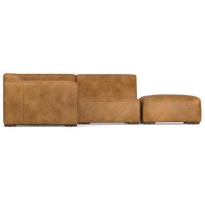 A modular brown leather sectional sofa composed of three pieces: a left armrest seat, a middle armless section, and a right ottoman. The design is sleek and contemporary, suitable for modern living spaces.