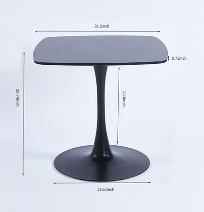 A black table with a square MDF top (31.5 inches), tapering metal pedestal base (23.62 inches), height 28.74 inches, and thickness 0.71 inches is against a white background, part of a 5-piece dining set for 4-6 people, suitable as an end or leisure coffee table.