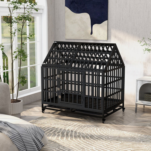 The Heavy Duty Dog Cage Pet Crate With Roof - Black, featuring a gabled roof and lattice panels, is on rollers in a bright room with a large window, modern art on the wall, and green plants.