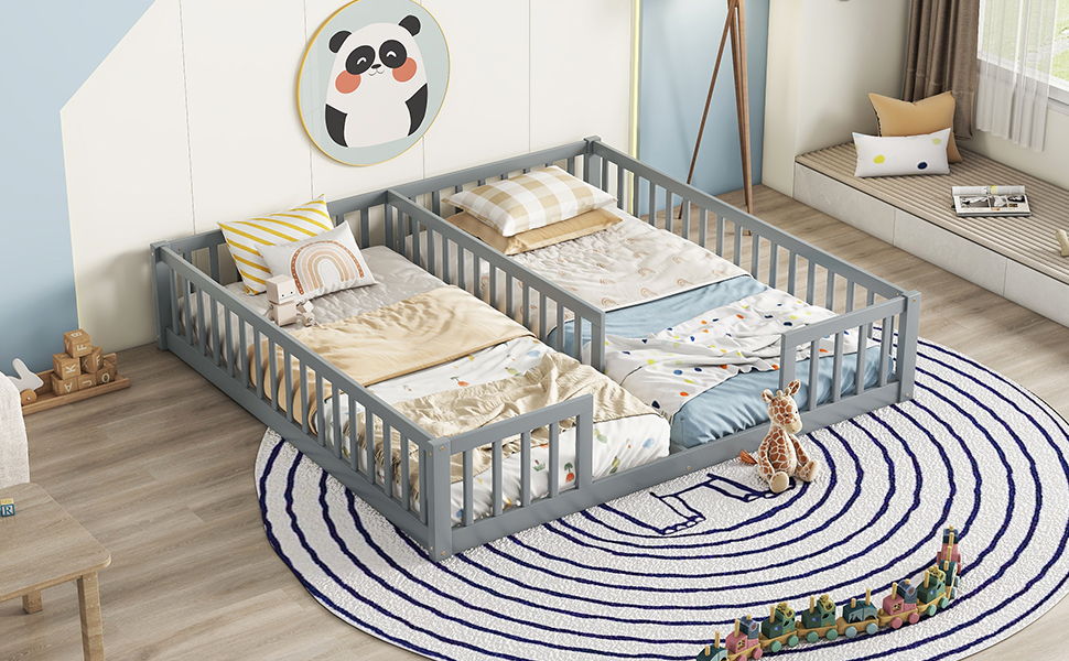 The children's bedroom features a gray Double Floor Bed with fence and guardrails, sectioned for twins. Each bed area has colorful bedding. A panda decor hangs on the wall, while a maze-patterned rug and toy giraffe adorn the floor near a window seat.