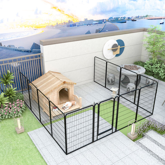 On a rooftop terrace, a fenced area houses a wooden dog house and artificial grass, where a dog lounges. Nearby, there's a table, chairs, and plants. The backdrop features an urban sunset over water. Featured Product: 81.1" 12 Panels Heavy Duty Metal Playpen With Door-Dog Fence Pet Exercise Pen for Outdoor-Black.