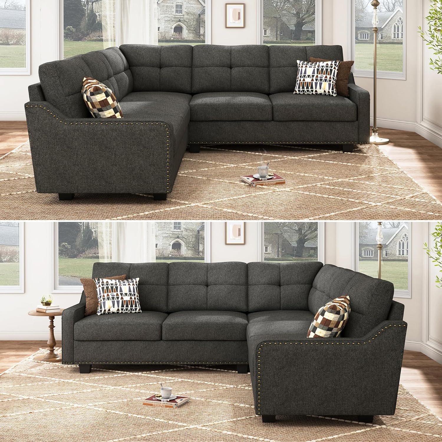 A cozy living room showcases the HONBAY Convertible Sectional Reversible Apartment in dark gray, adorned with patterned throw pillows. This sofa features a tufted back and studded trim, set atop a beige patterned rug next to large windows overlooking a garden.