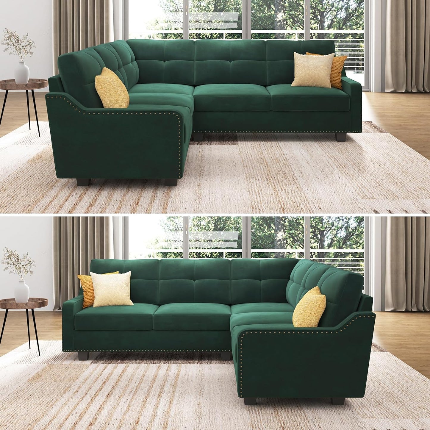 The HONBAY Convertible Sectional Reversible Apartment sofa in green, featuring studded detailing, is arranged in an L-shape on a beige rug within a bright living room. Yellow cushions adorn the sofa, while large windows with curtains offer a view of lush greenery outside. A small round table sits nearby.