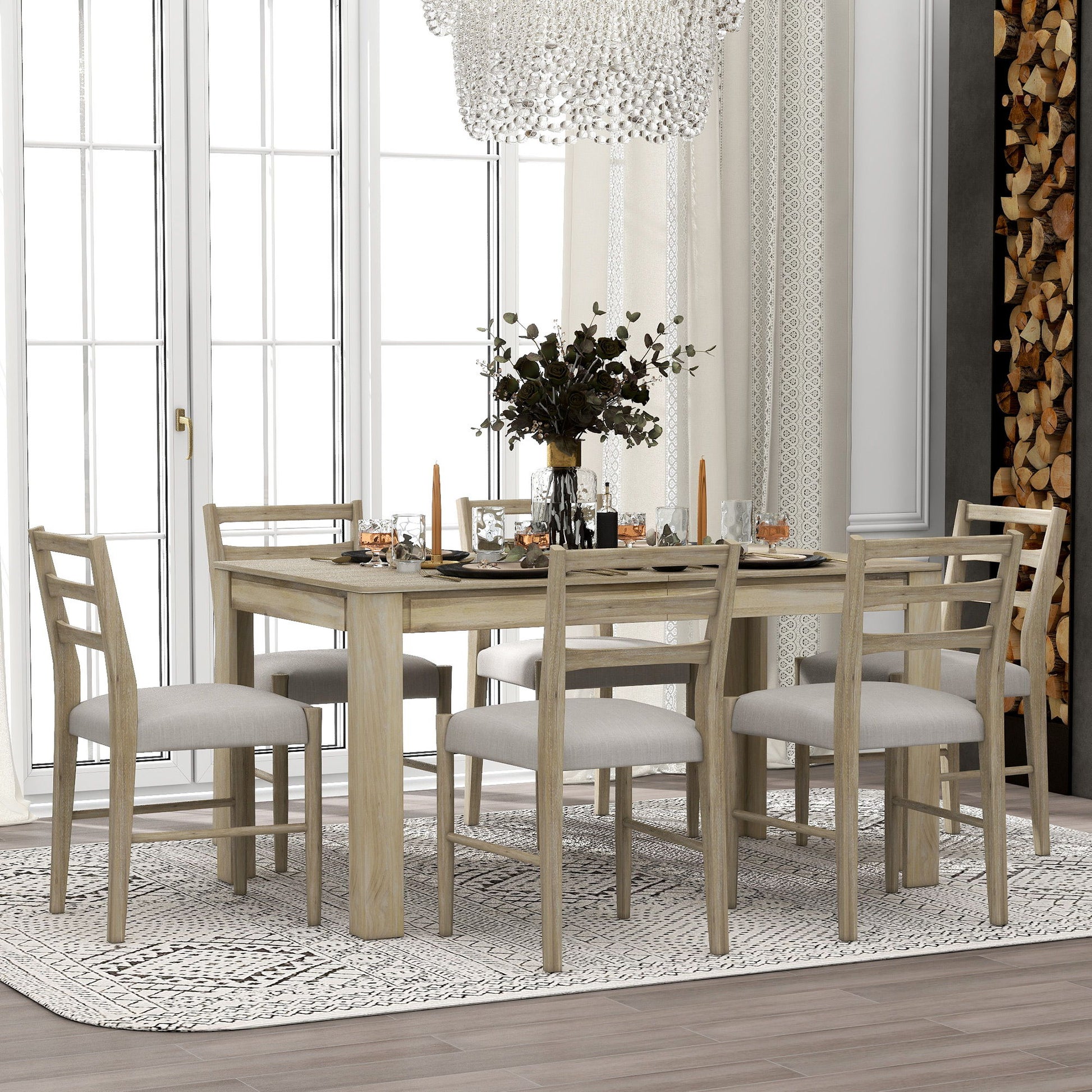 The dining room has a Wooden Dining Table Set Multifunctional Extendable Table with Leaf and 2 Drawers, surrounded by cushioned chairs for six. It's adorned with a floral centerpiece, candles, and dinnerware. A large window with sheer curtains is behind it, near a stack of firewood.