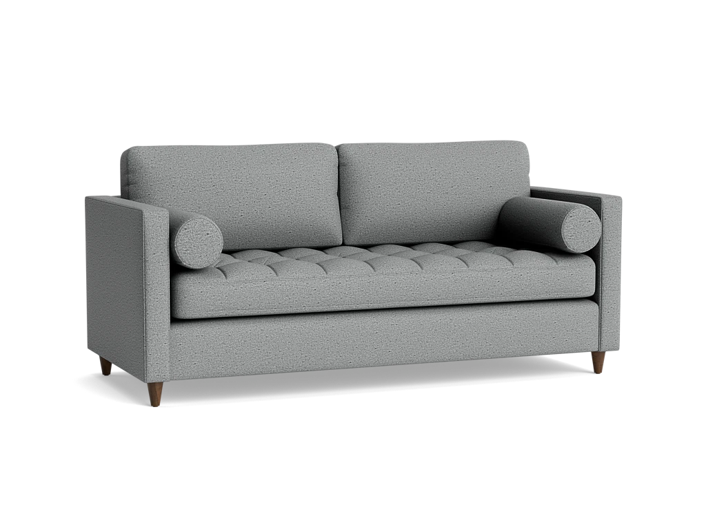 The Briar Sleeper Sofa, a contemporary gray fabric piece featuring two back cushions, two bolster pillows, and wooden legs against a black background, showcases a textured, tufted seat design.