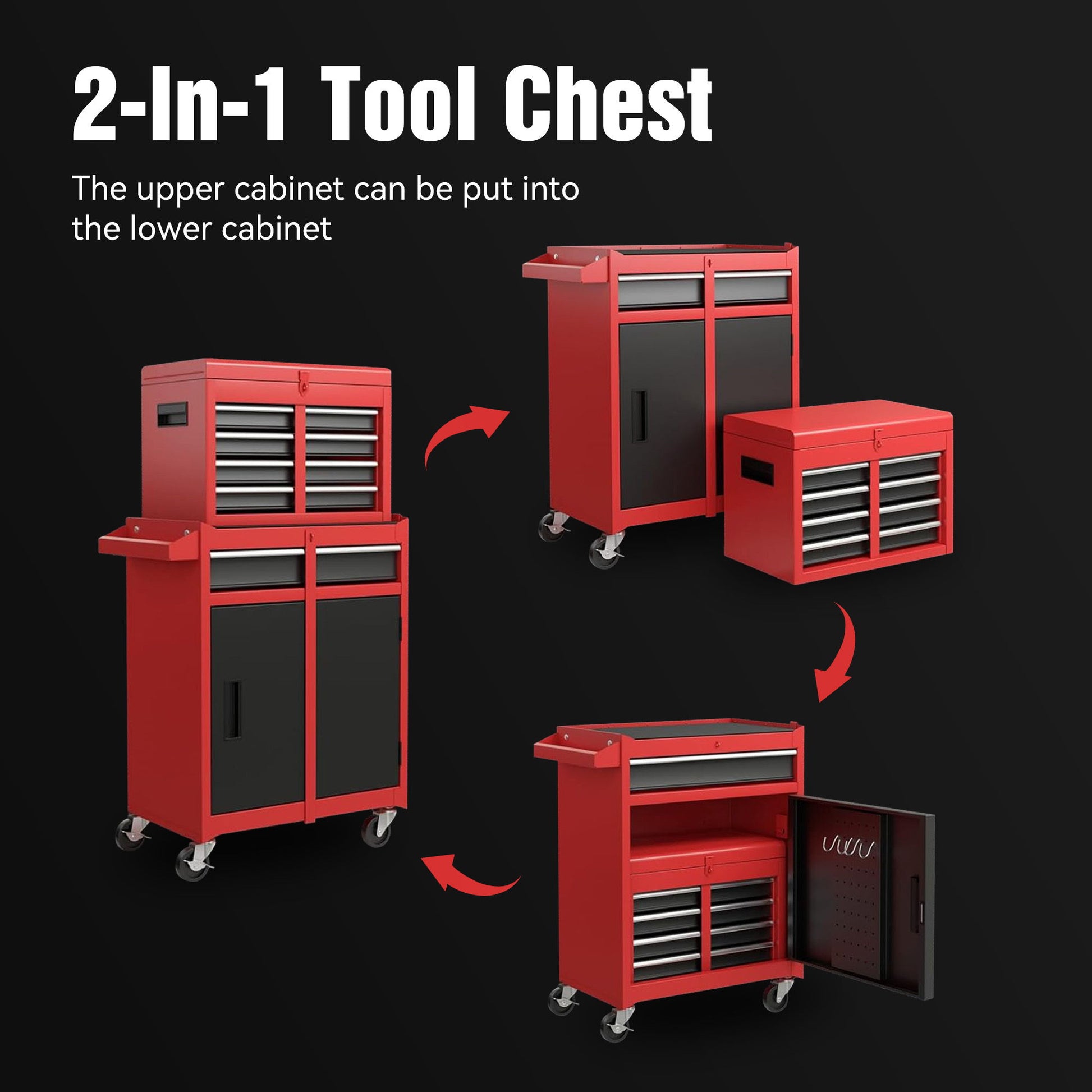 Image of a red Tool Chest with 5 drawers on wheels. Features detachable top tool box that nests into the lower cabinet for compact storage. Includes liner, universal lockable wheels, adjustable shelf, and locking mechanism. Text reads "Tool Chest, Metal Tool Cart For Garage Workshop.