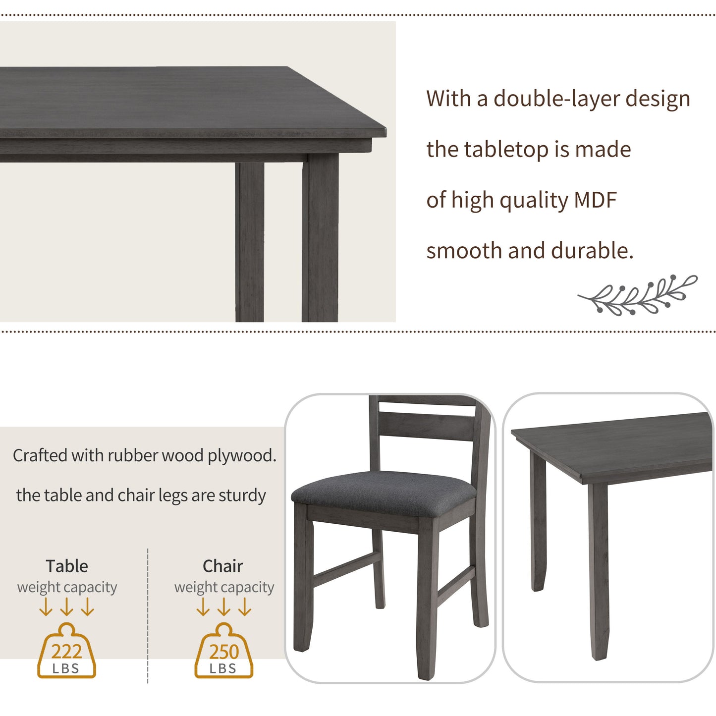 Composite image of the Dining Room Table And Chairs With Bench (Set of 6) - Gray. Top left: close-up of table corner. Top right: text on MDF build. Bottom left: weight capacity details. Bottom right: frontal view with captions.