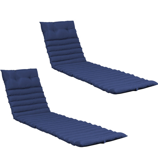 A pair of 72.83" Outdoor Lounge Chair Cushions, designed as navy blue replacements with a ribbed pattern for patio furniture, are positioned side by side and slightly angled away from the viewer.