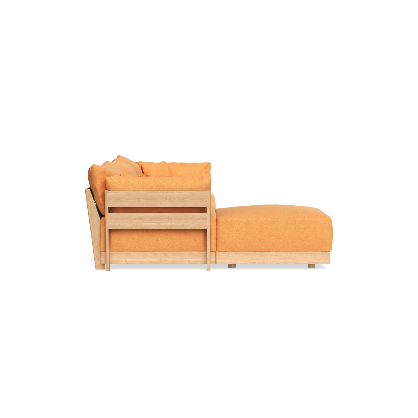 Side view of the Modular Bondi Latte 3 Seater Sectional featuring a wooden frame and vibrant orange cushions. It includes a backrest, seating area, and an extended chaise on the right, showcasing a minimalist and contemporary design.