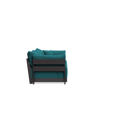 A side view of the Modular Bondi Latte 3 Seater Sofa, showcasing its modern teal upholstery with a dark wooden frame and plush cushions. The minimalist design is highlighted against a white background.